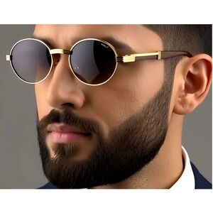 Gold Oval Sunglasses Brown Gradient Lenses Wood Temples Men's‎ Fashion Eyewear